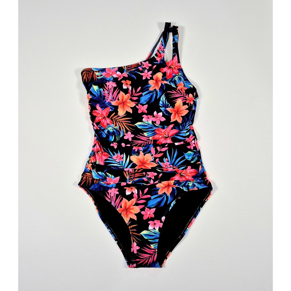 Holipick One Shoulder Floral One Piece Swimsuit Black Pink Blue Size L NWT